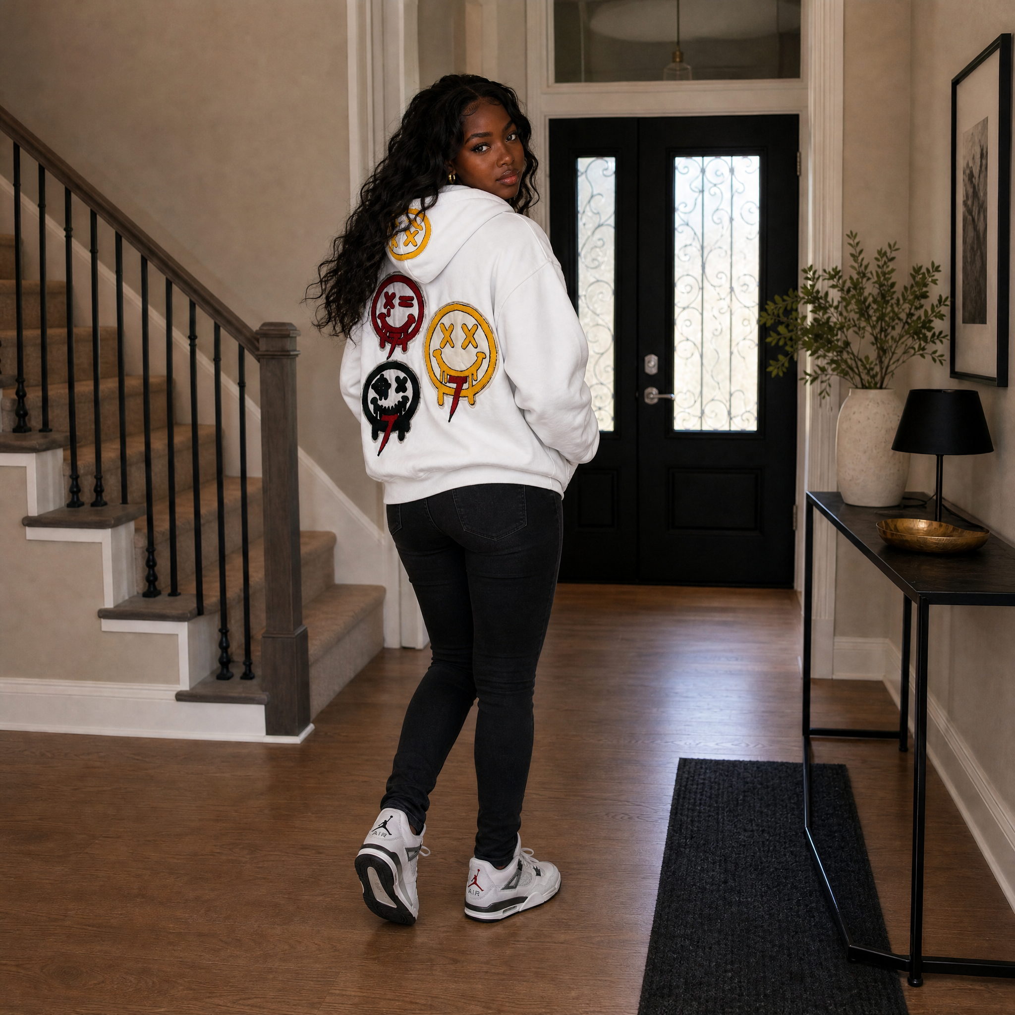 Smiley Face Embordered  Patch Hoodie