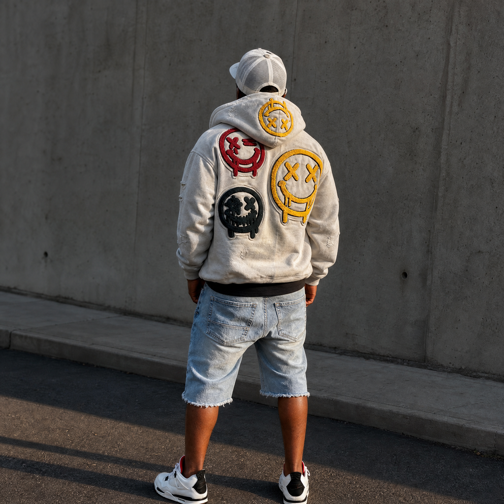 Smiley Face Embordered  Patch Hoodie