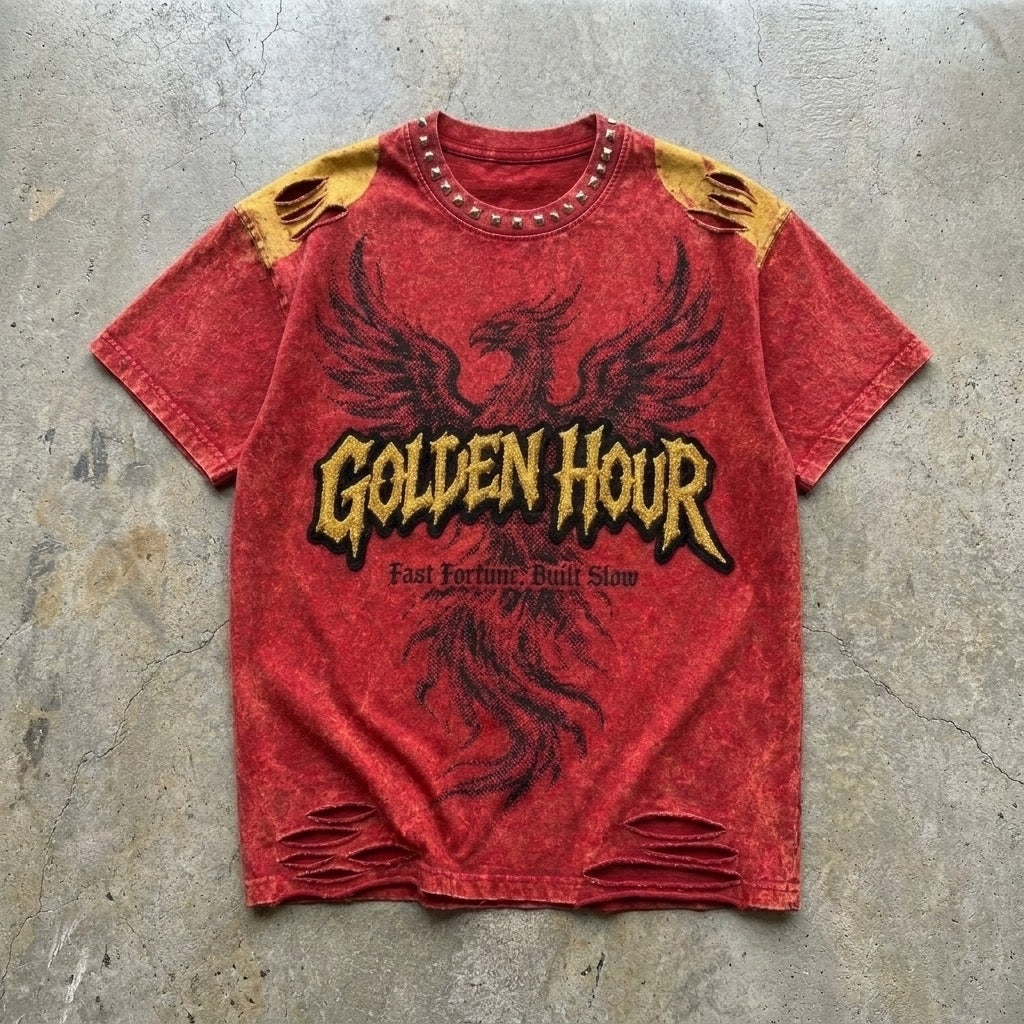 Golden Hour Tee | Red & Gold Acid-Wash Streetwear