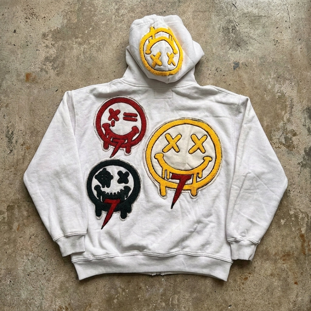 Smiley Face Embordered  Patch Hoodie