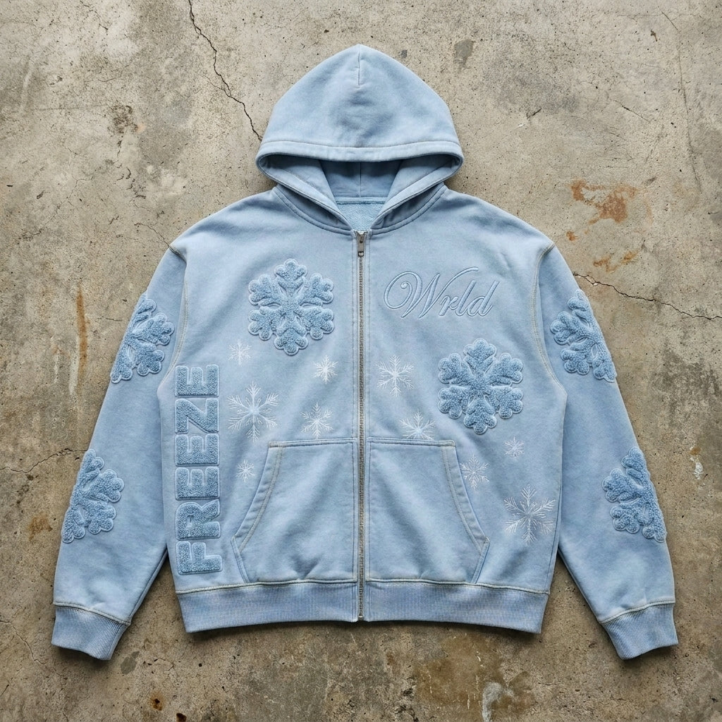 Blizzard Bloom - Premium Ice Blue Zip Hoodie