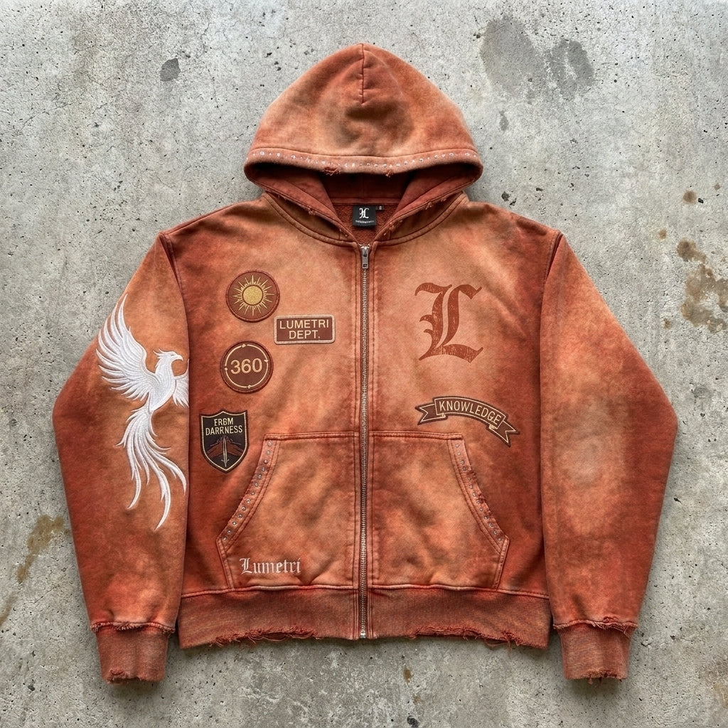 Phoenix Wisdom - Premium Rust Wash Zip Hoodie