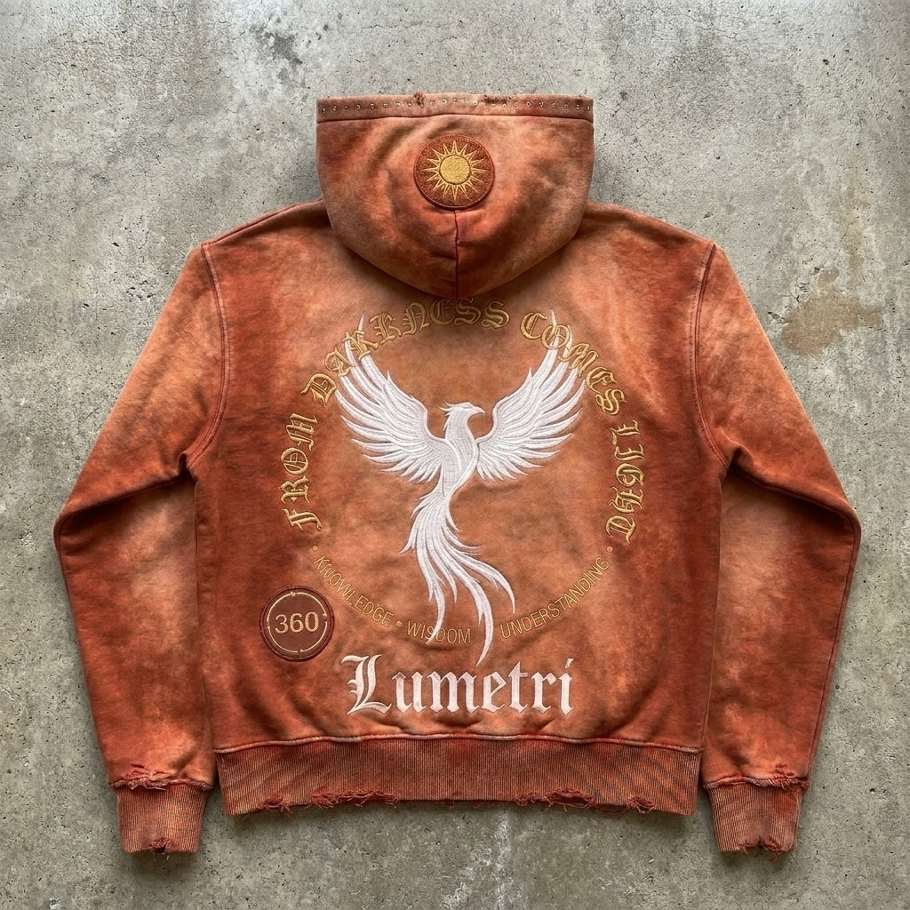 Phoenix Wisdom - Premium Rust Wash Zip Hoodie