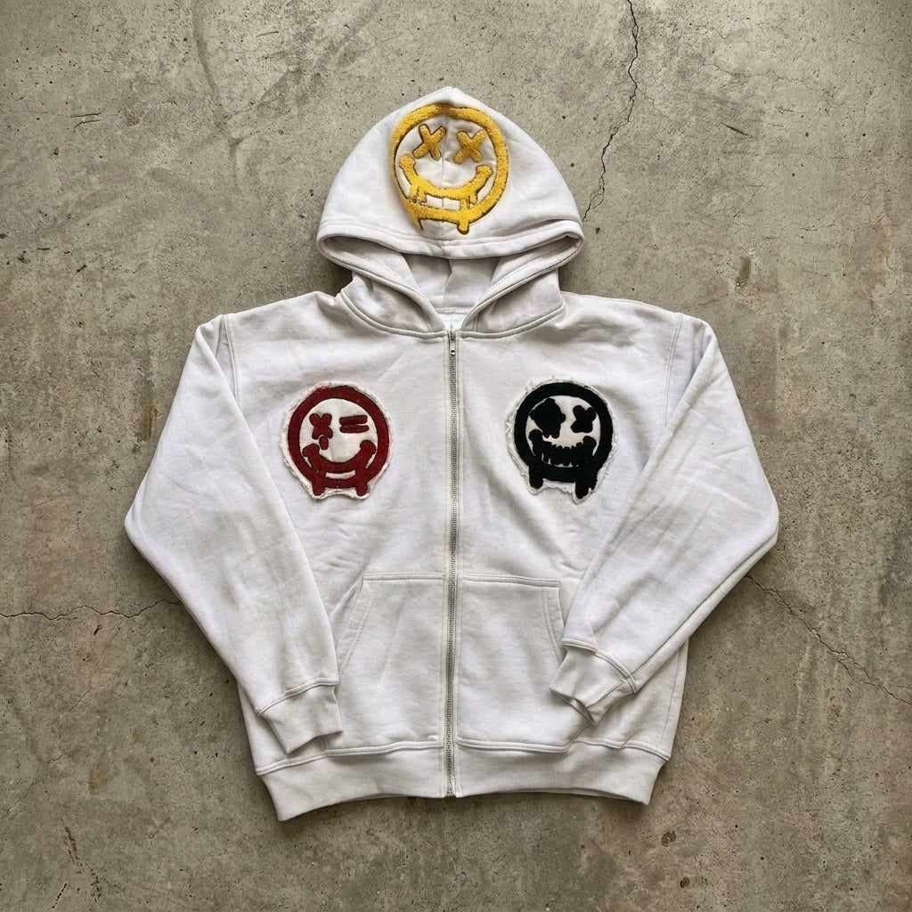 Smiley Face Embordered  Patch Hoodie