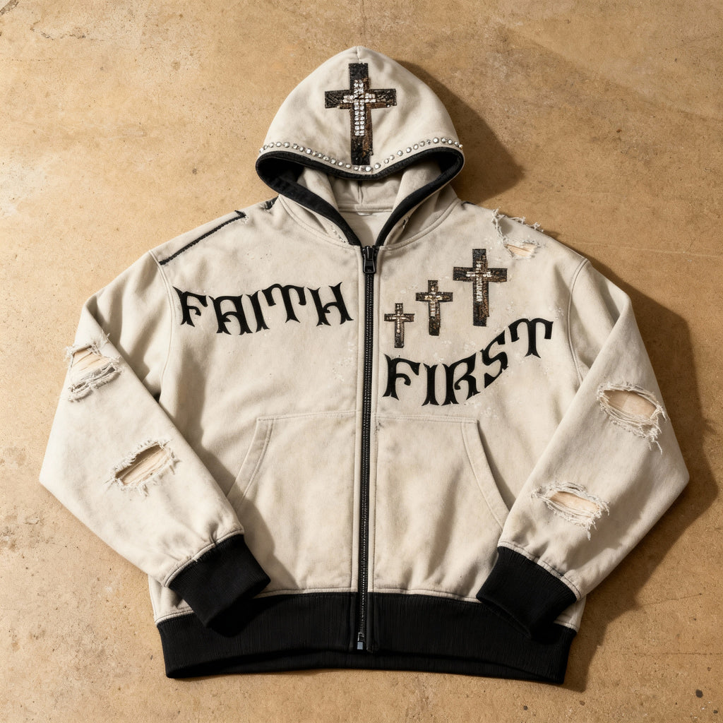 Faith First - Distressed Rhinestone Zip up