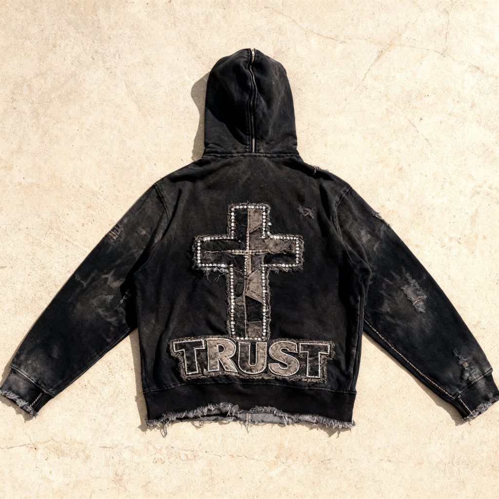Faith First - Black Embroidered Zip up