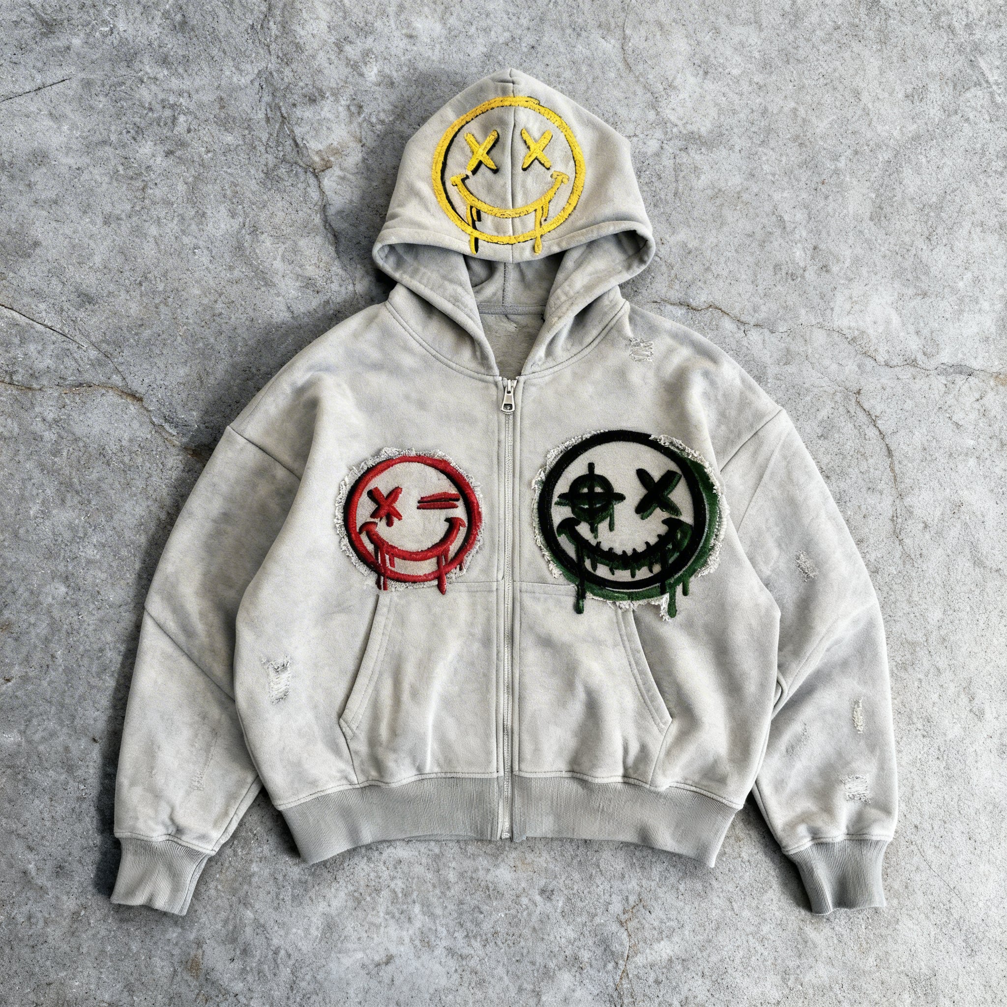 Smiley Face Embordered  Patch Hoodie